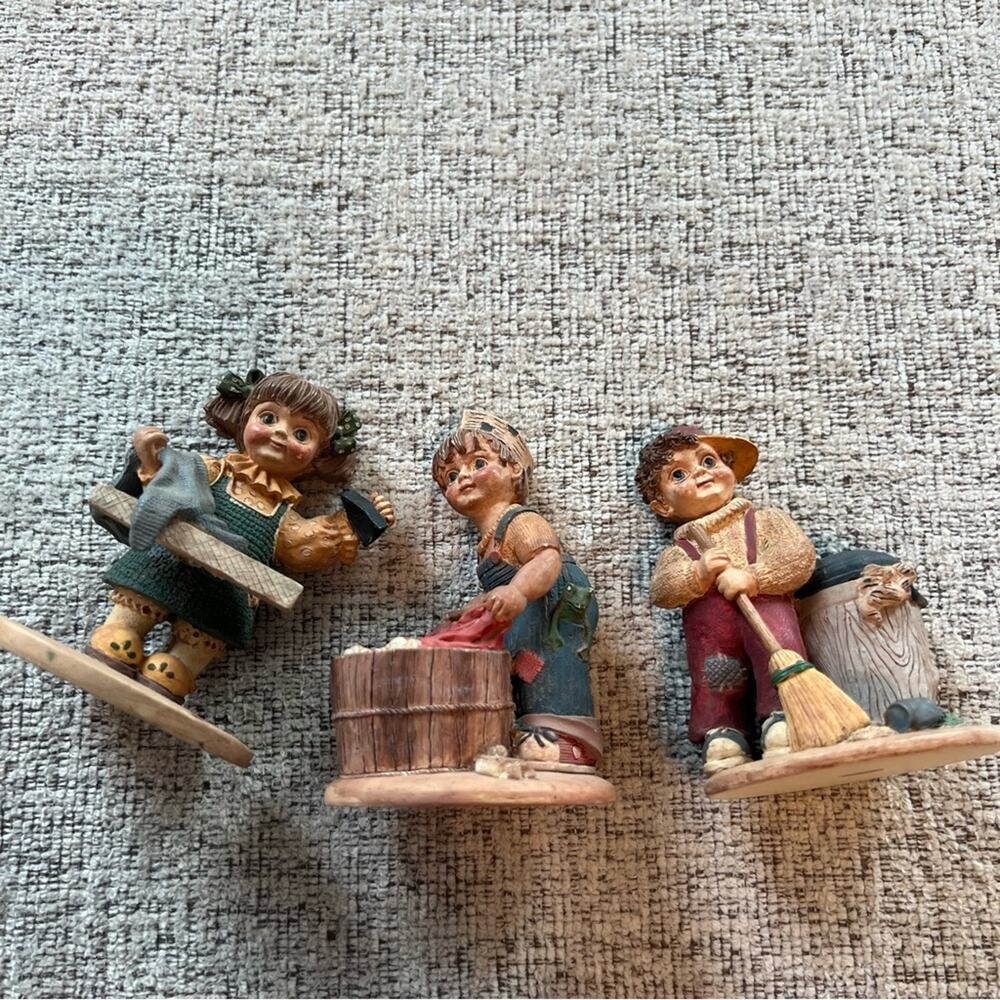 LOT of 3 Vintage Tender Heart Treasures Little Boy & Girl Figurines Doing Chores
